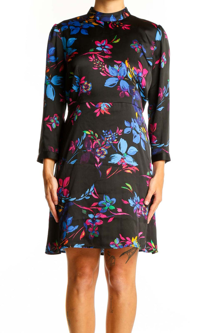 Front view of bar III Black Floral Print Mock Neck Dress with blue and pink flowers