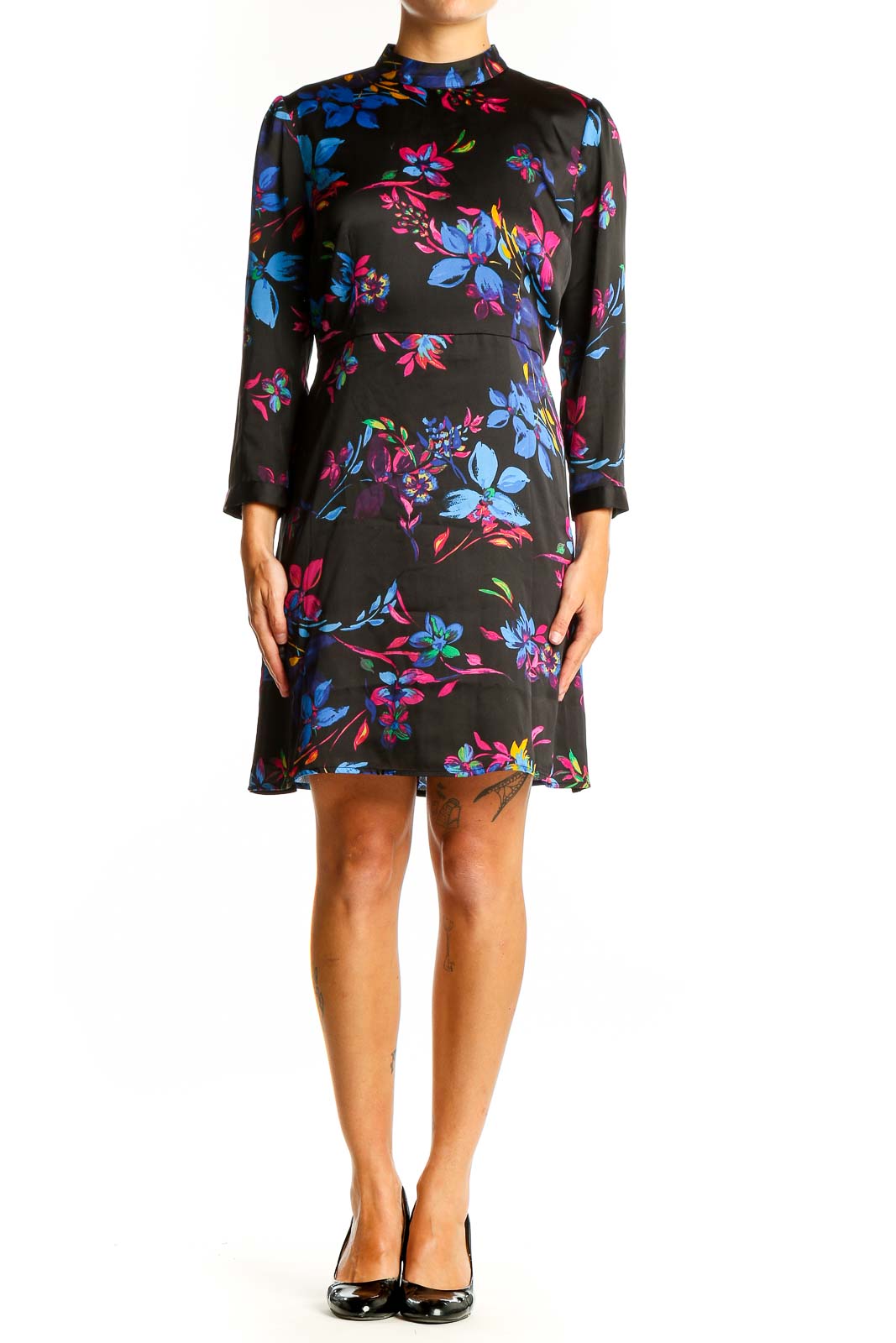 Front view of bar III Black Floral Print Mock Neck Dress with blue and pink flowers