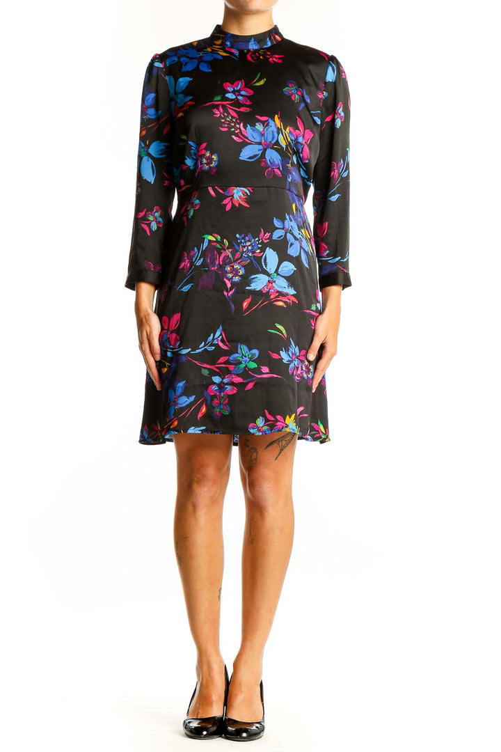 Front view of bar III Black Floral Print Mock Neck Dress with blue and pink flowers