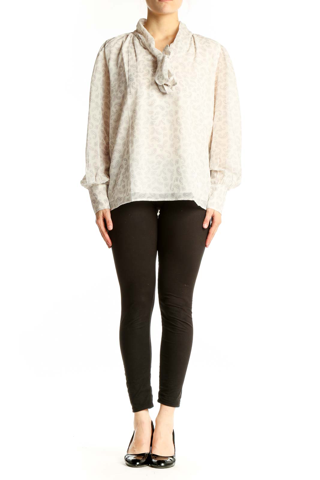 Front view of Ann Taylor white floral puff sleeve blouse with tie-neck