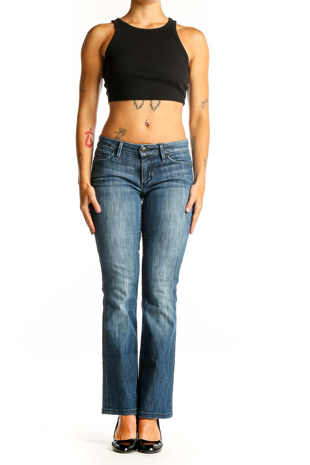 Front view of Joe's blue bootcut jeans on model
