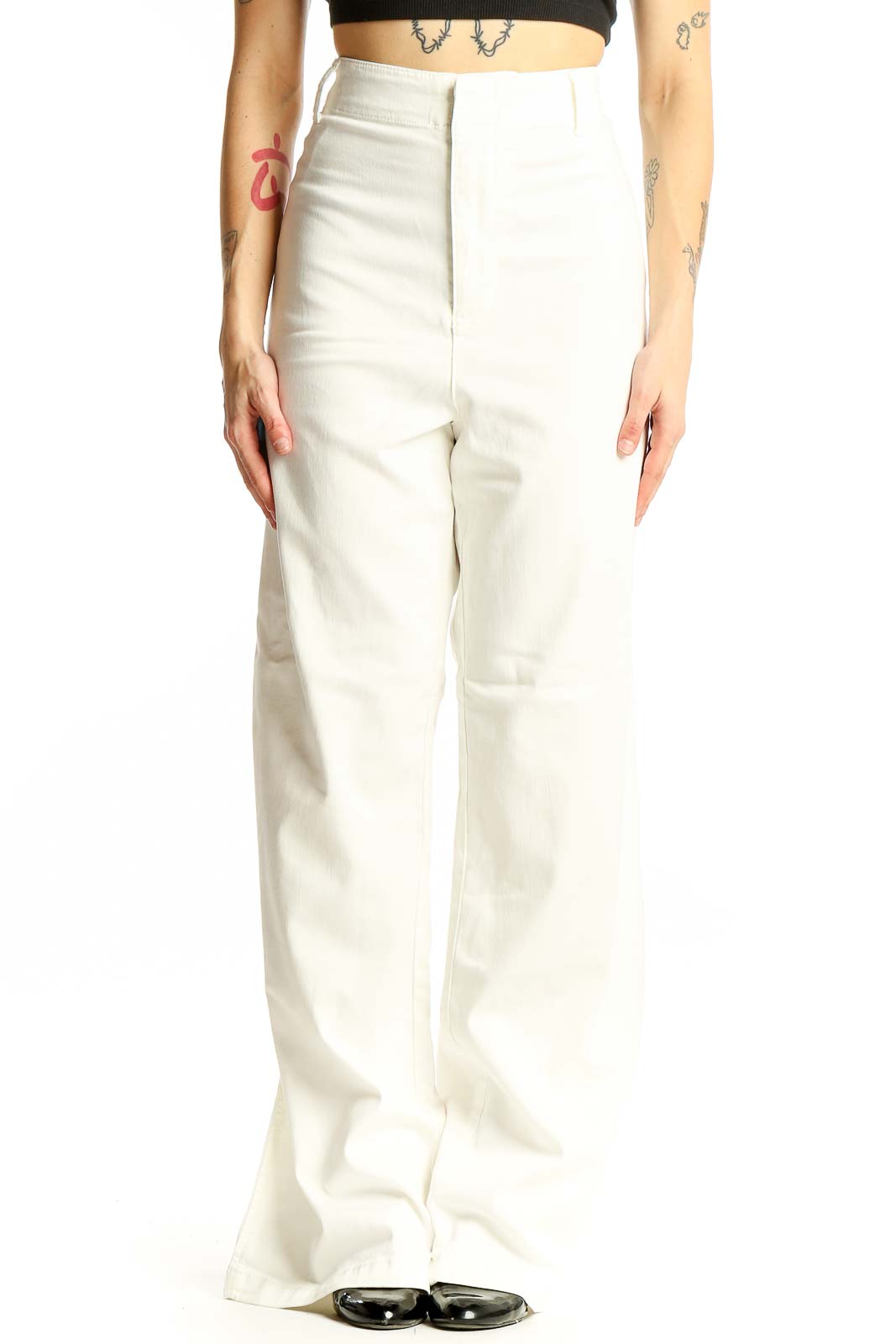 Front view of white high-waisted wide-leg denim pants
