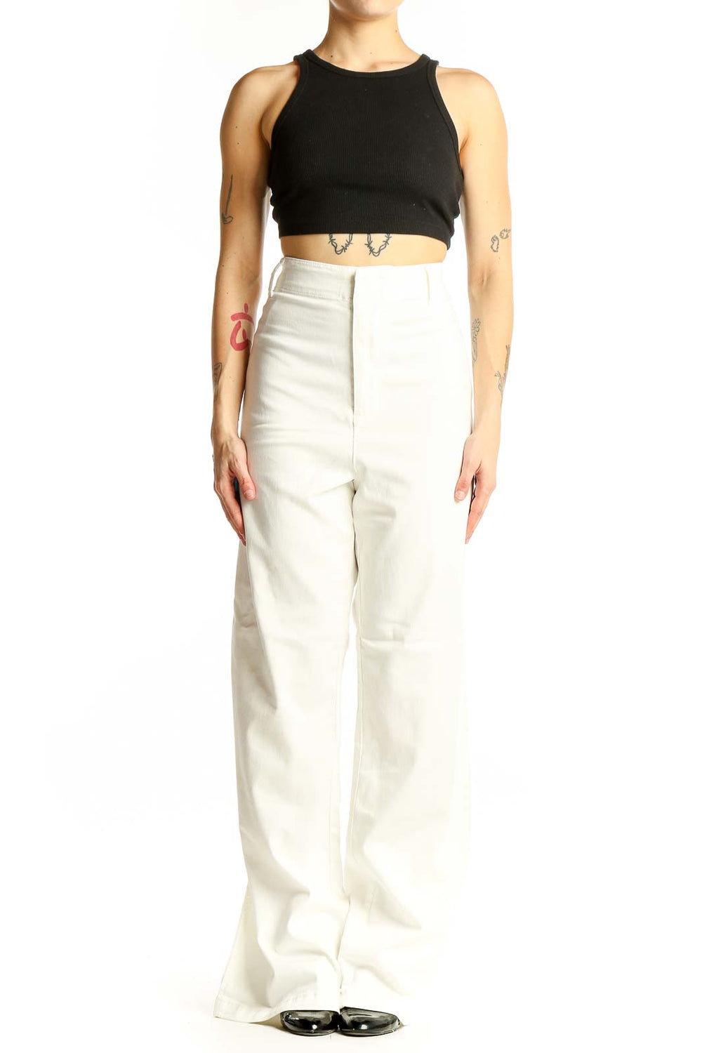 Front view of white high-waisted wide-leg denim pants