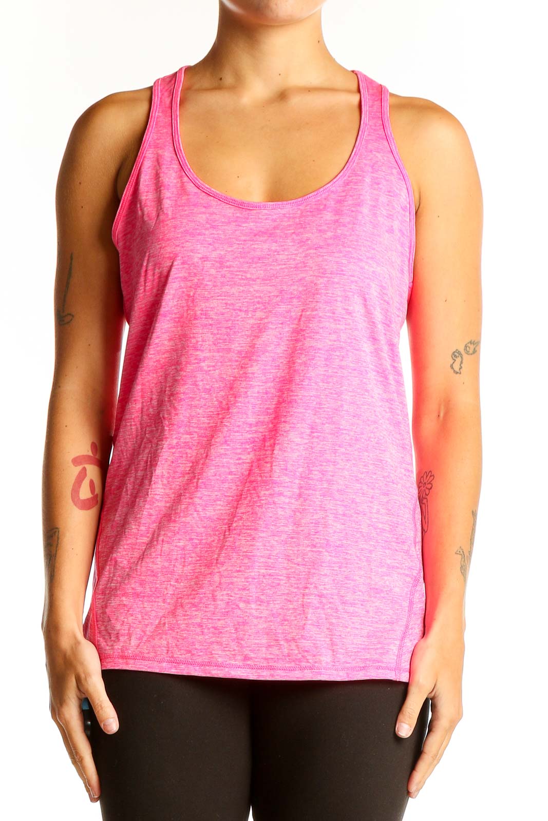 Front view of pink heathered racerback tank top from Ideology