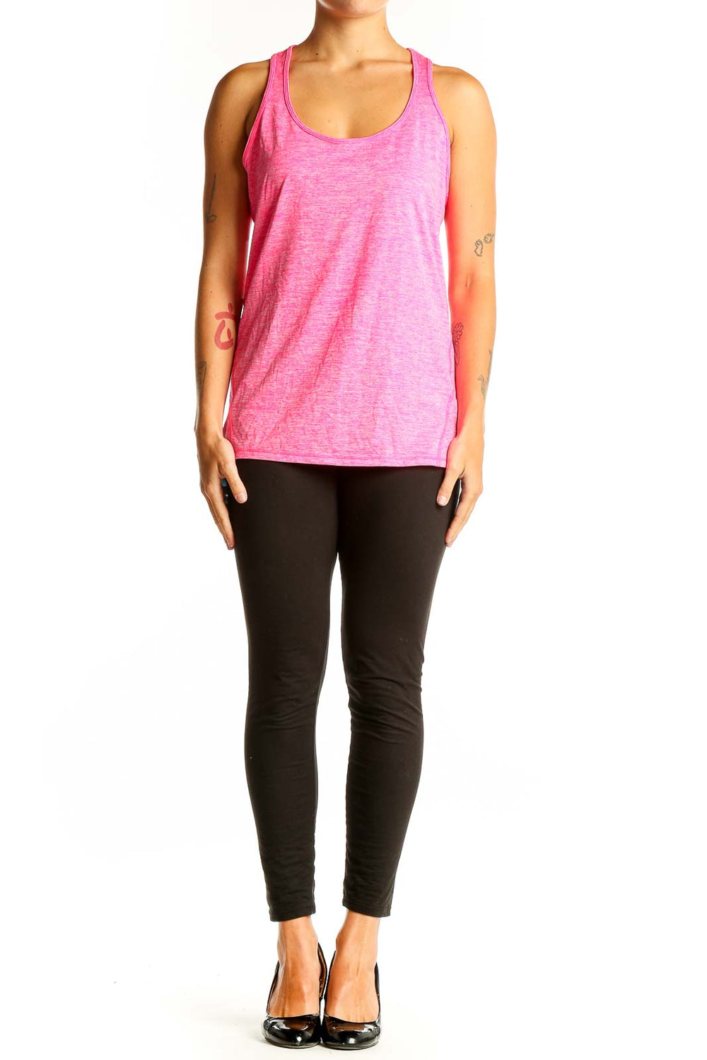 Front view of pink heathered racerback tank top from Ideology