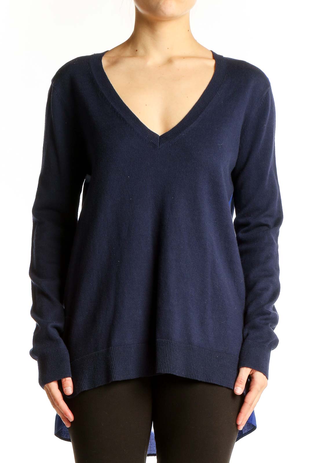 Front view of Bailey 44 navy V-neck top with long sleeves