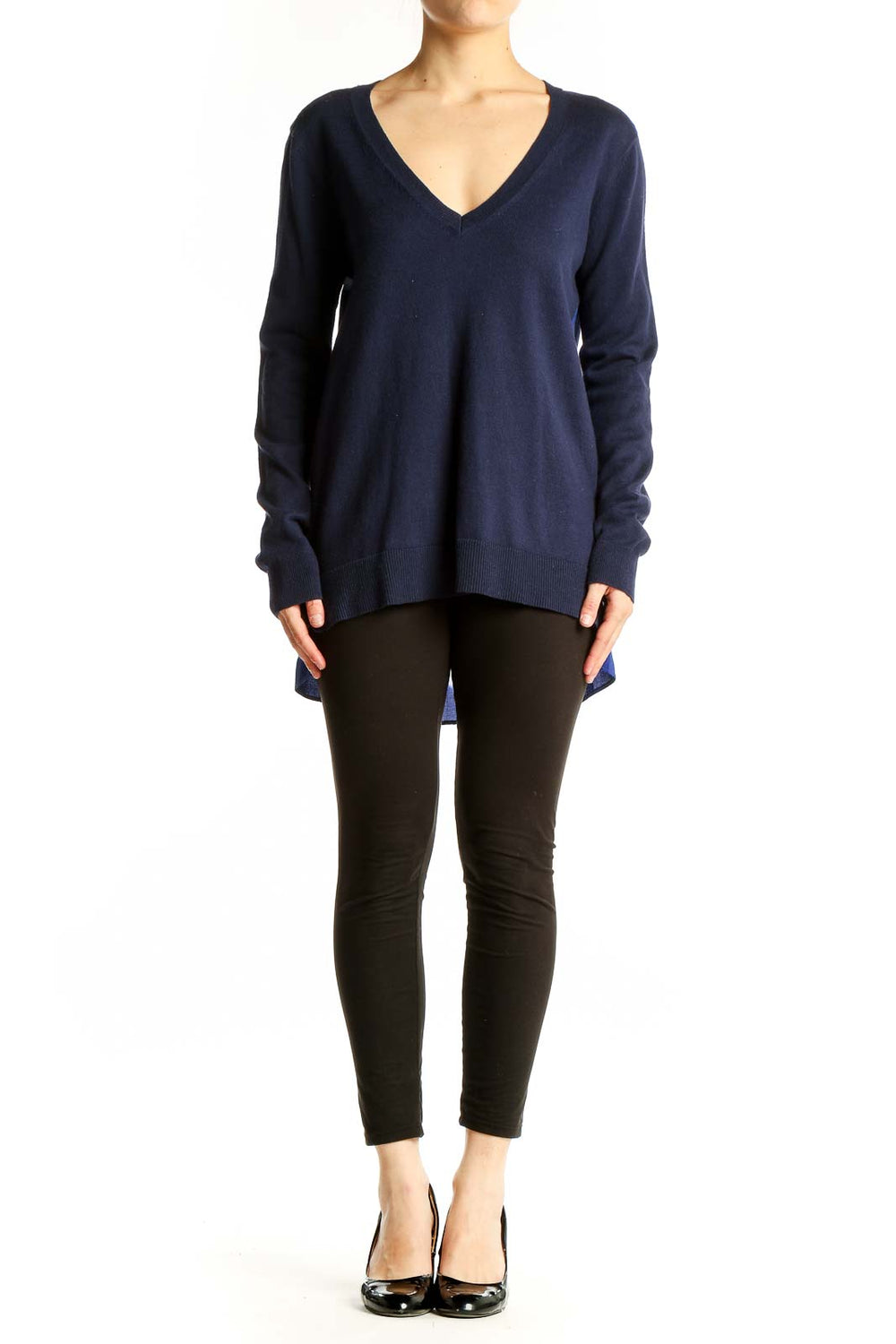 Front view of Bailey 44 navy V-neck top with long sleeves