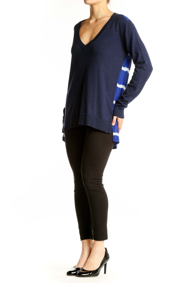 Front view of Bailey 44 navy V-neck top with long sleeves