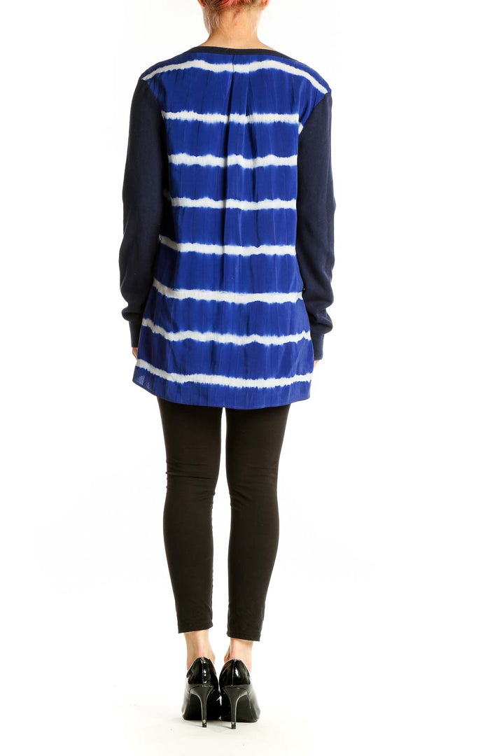 Side view of Bailey 44 navy top showing blue and white tie-dye accents