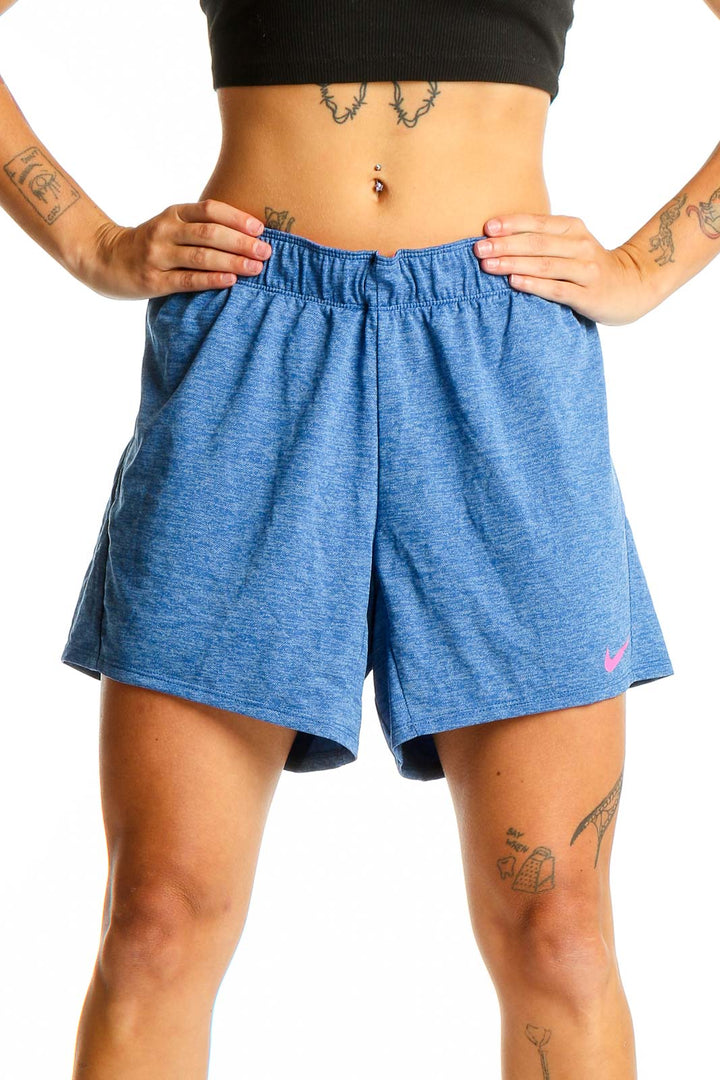 Front view of Nike heathered blue athletic shorts with elastic waistband