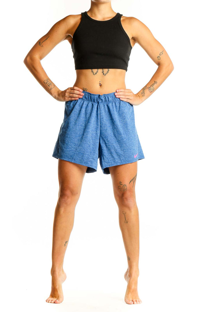 Front view of Nike heathered blue athletic shorts with elastic waistband