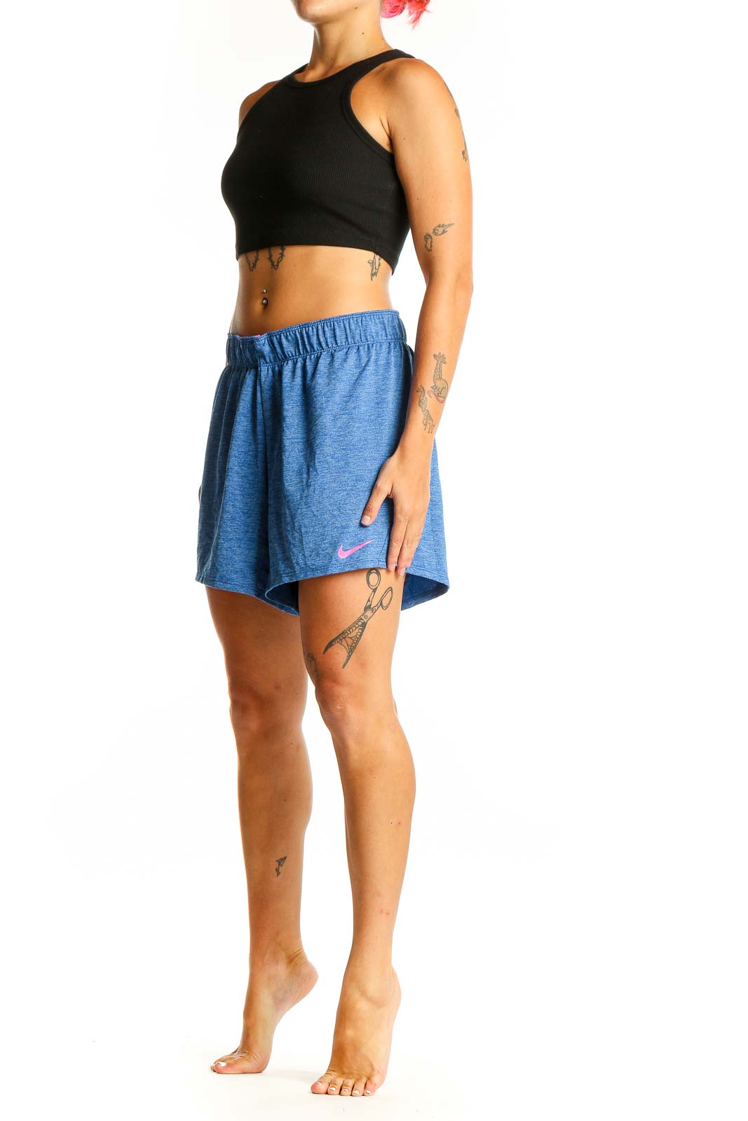 Front view of Nike heathered blue athletic shorts with elastic waistband