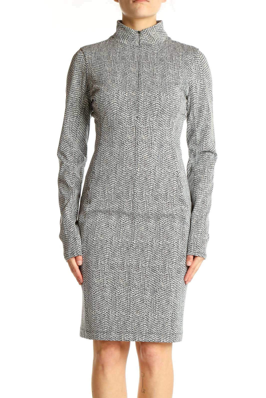Front view of gray herringbone bodycon dress from Athleta