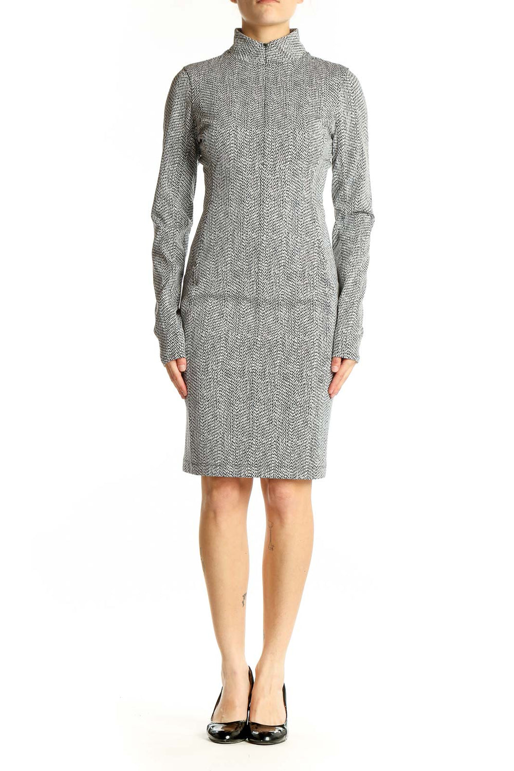 Front view of gray herringbone bodycon dress from Athleta