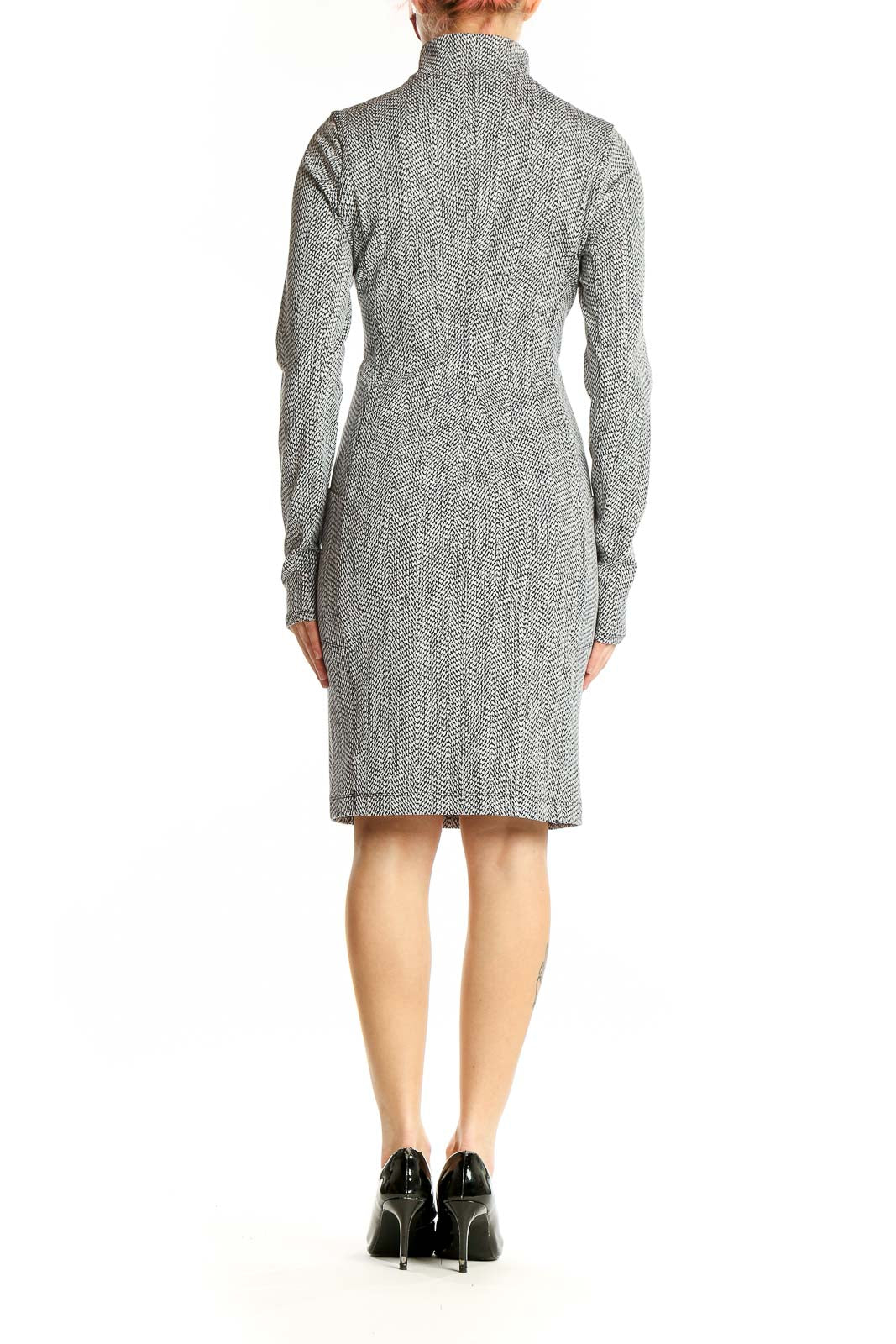 Side view of gray herringbone bodycon dress from Athleta