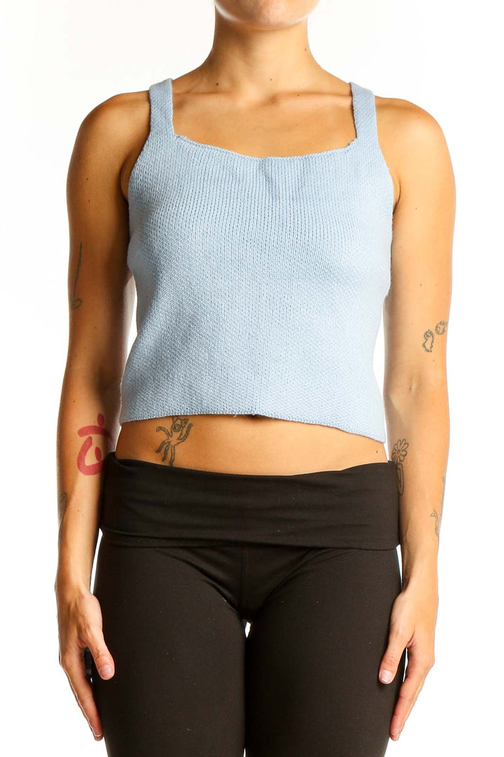 Front view of Cider Light Blue Cropped Knit Tank Top with square neckline