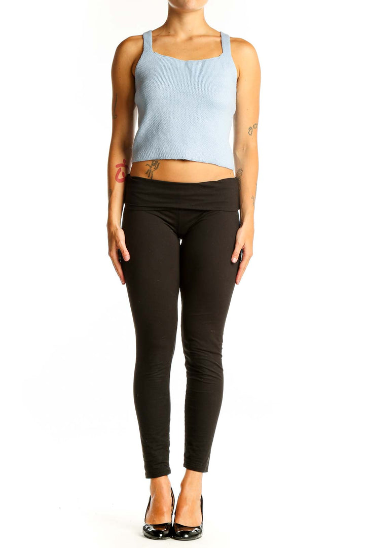 Front view of Cider Light Blue Cropped Knit Tank Top with square neckline