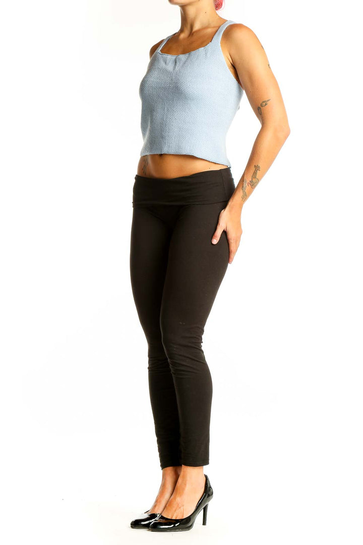 Front view of Cider Light Blue Cropped Knit Tank Top with square neckline