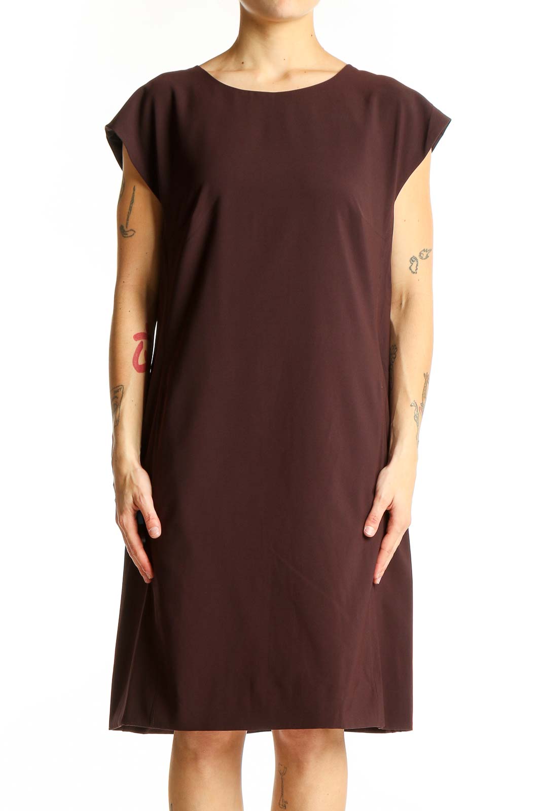 Front view of MM. LaFleur brown sleeveless shift dress