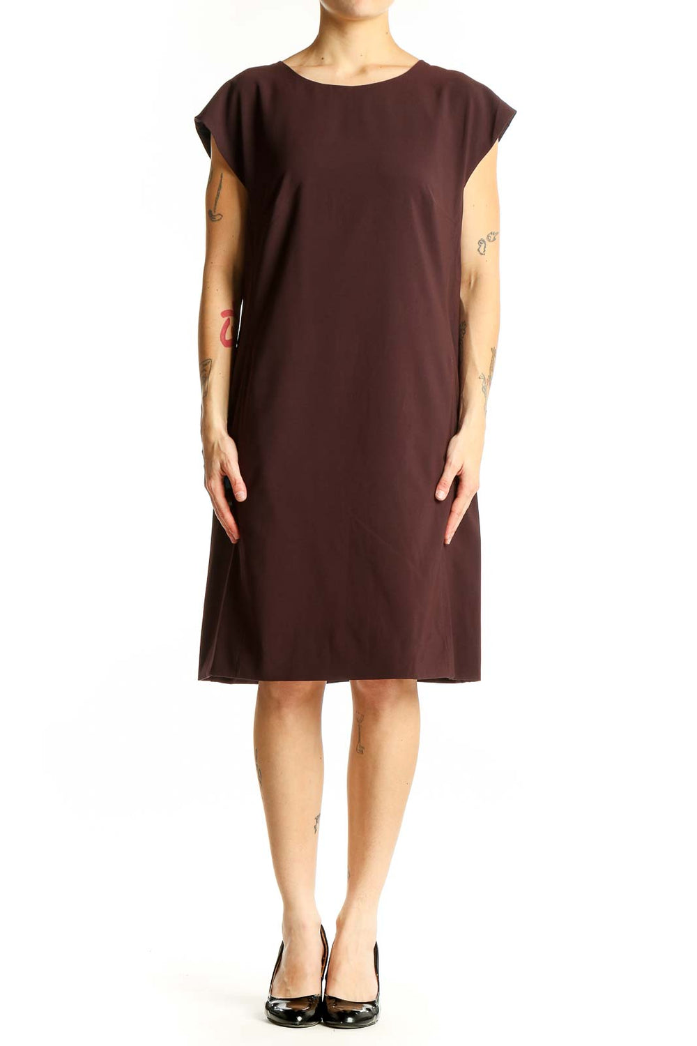 Front view of MM. LaFleur brown sleeveless shift dress