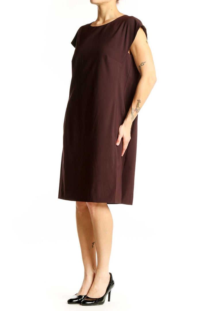 Front view of MM. LaFleur brown sleeveless shift dress