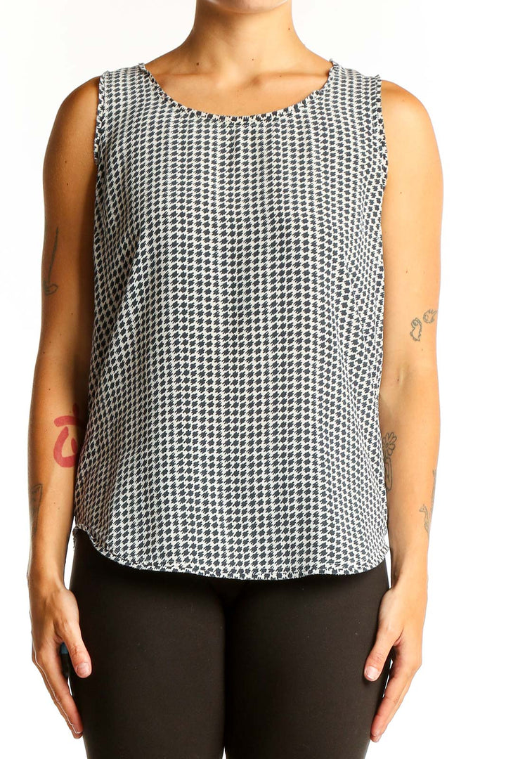 Front view of Jaeger black and white geometric print silk dress