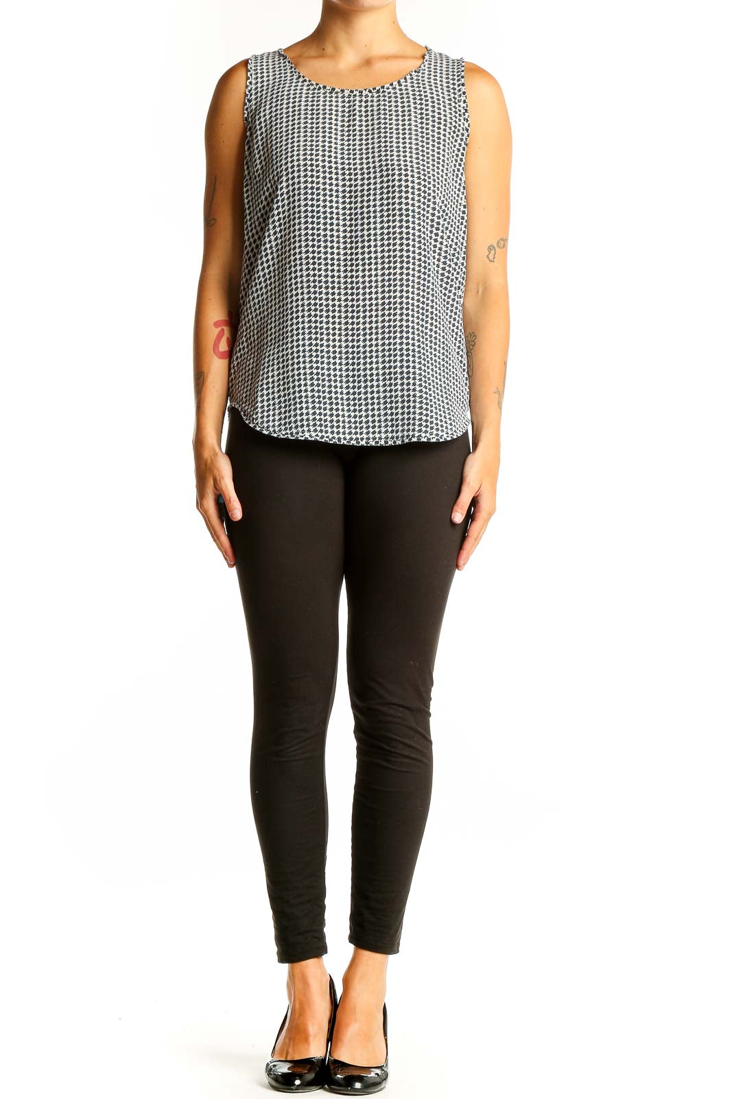 Front view of Jaeger black and white geometric print silk dress
