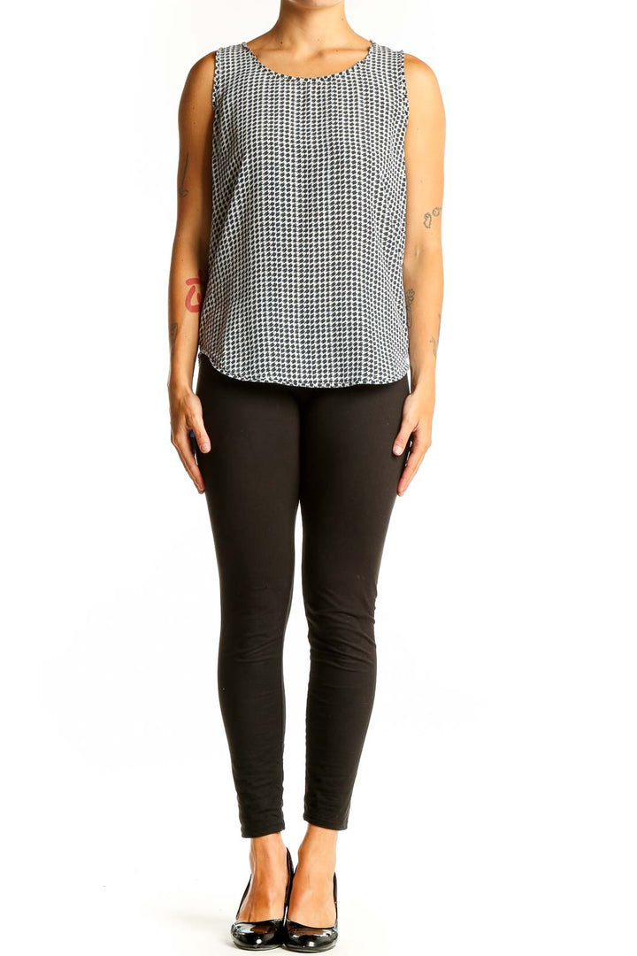 Front view of Jaeger black and white geometric print silk dress