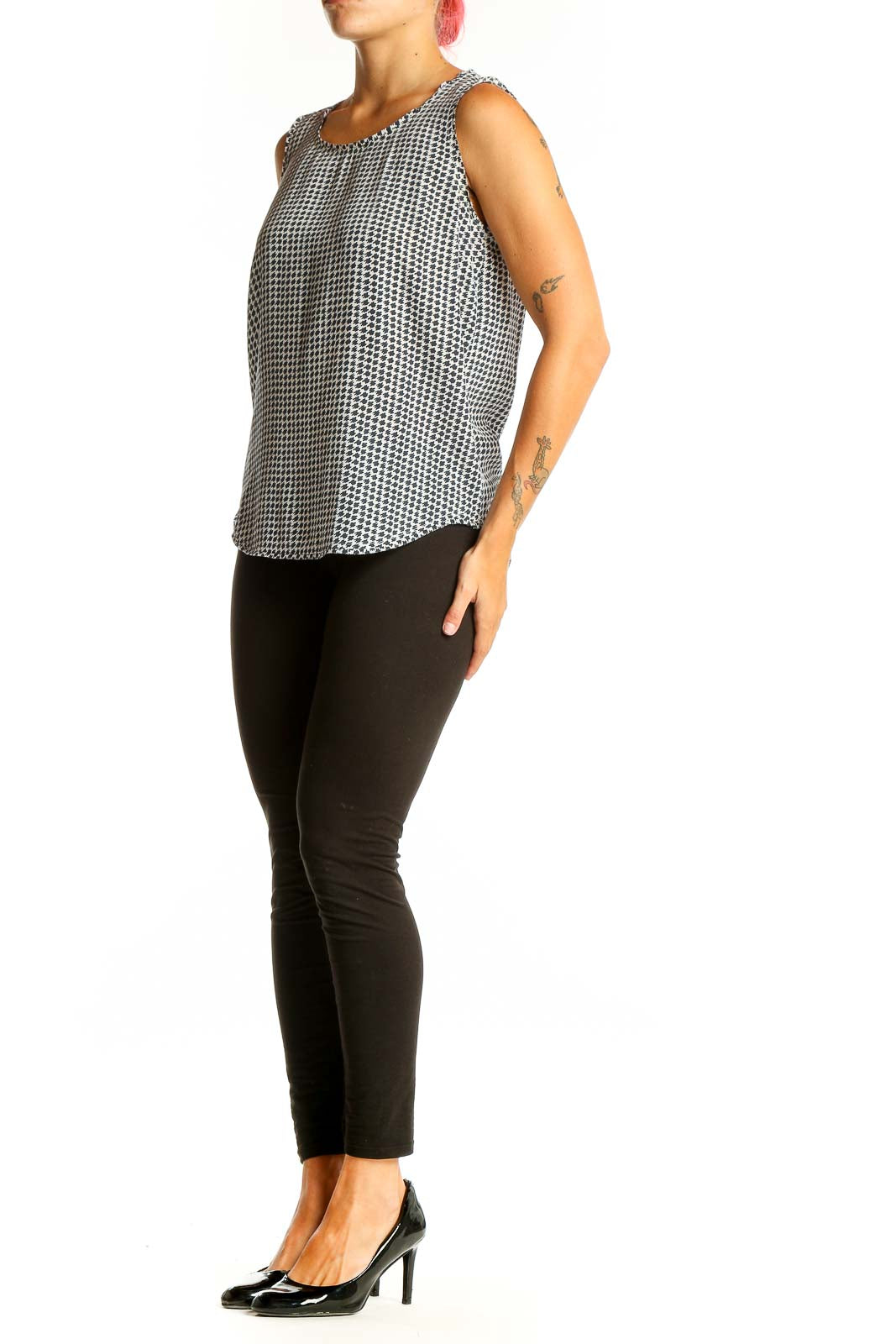 Front view of Jaeger black and white geometric print silk dress