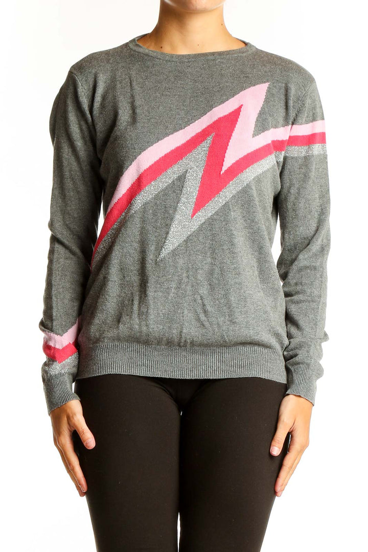 Front view of gray Sugarhill Brighton knit sweater with pink and red lightning bolt design