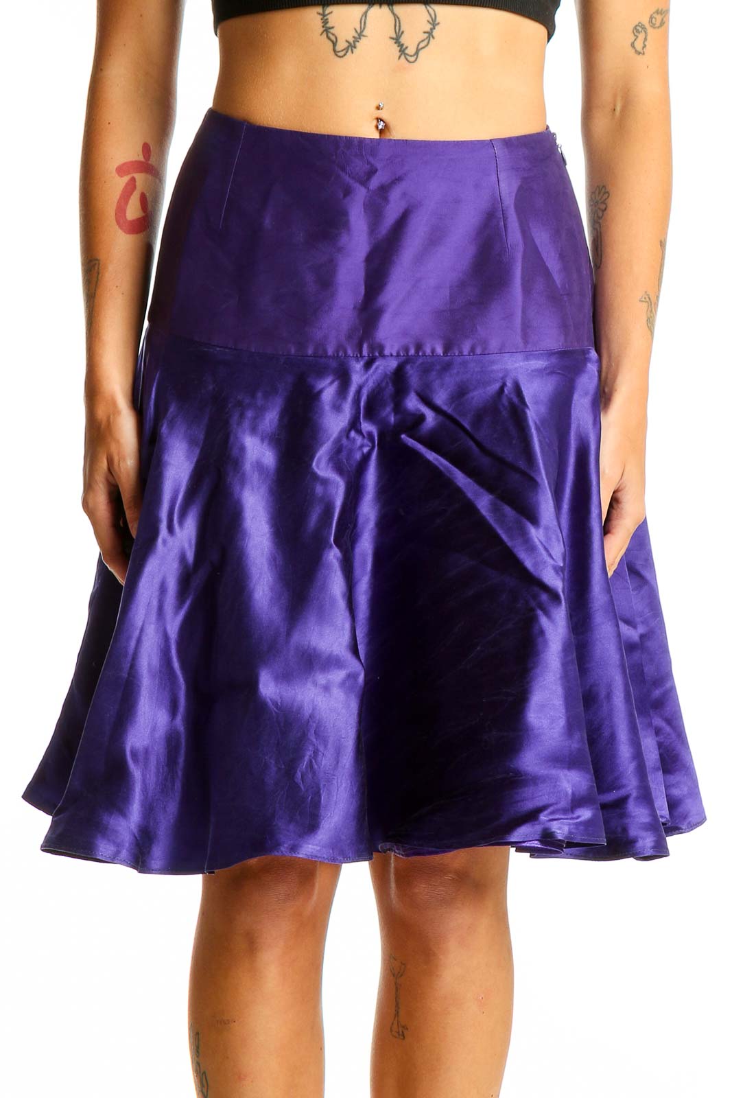 Front view of purple satin A-line knee-length skirt by KITH & KIN