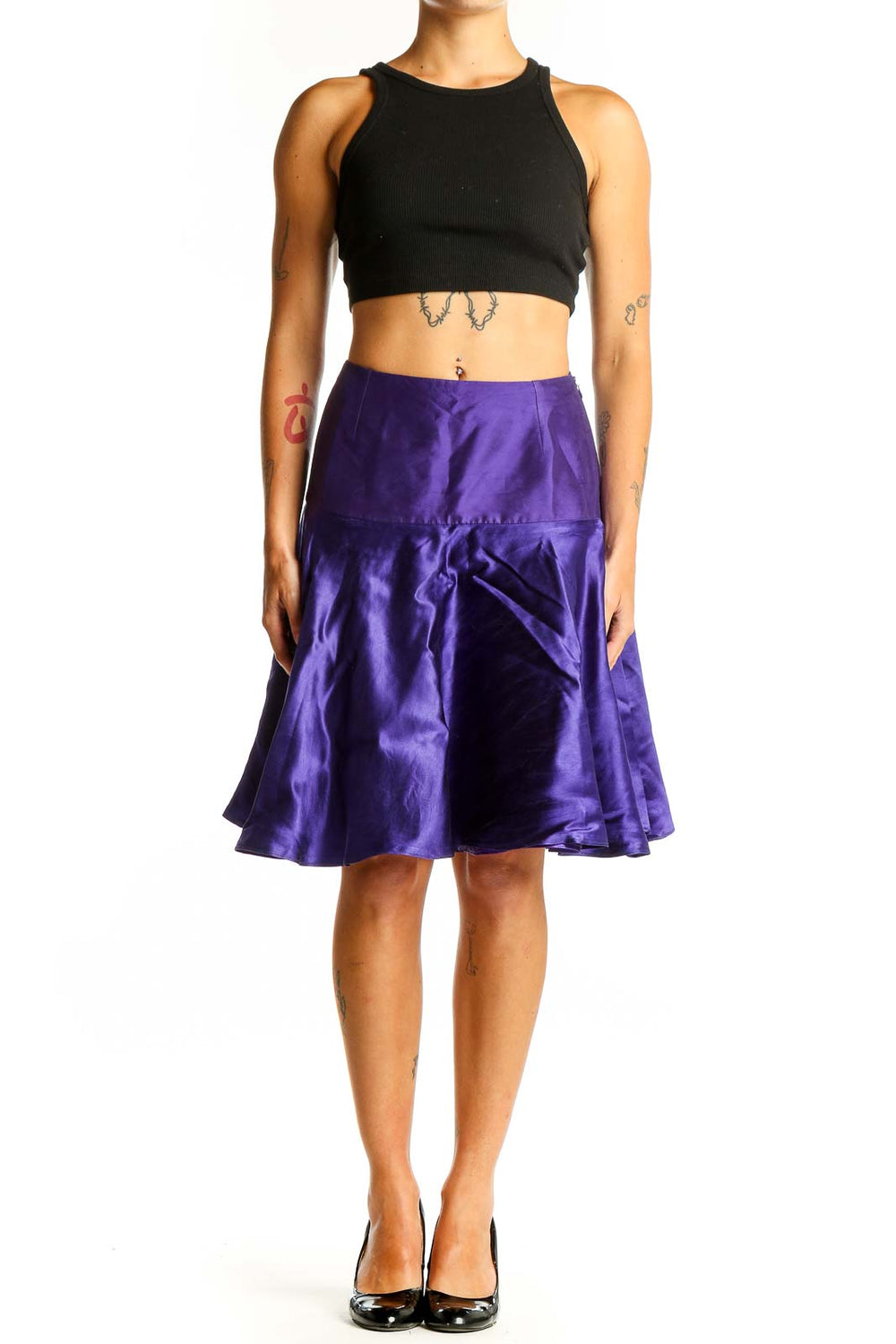 Front view of purple satin A-line knee-length skirt by KITH & KIN