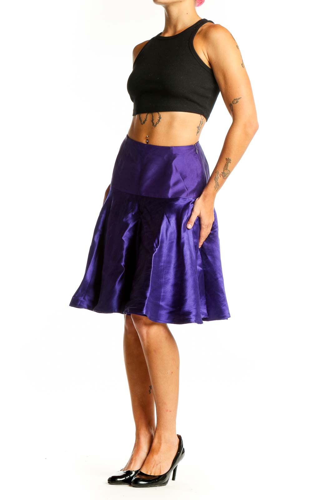 Front view of purple satin A-line knee-length skirt by KITH & KIN