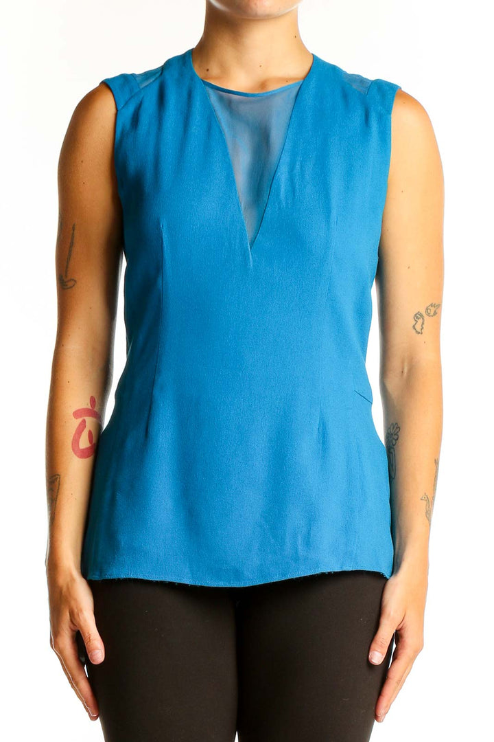 Front view of blue sleeveless Rebecca Taylor top with V-neck and sheer inset