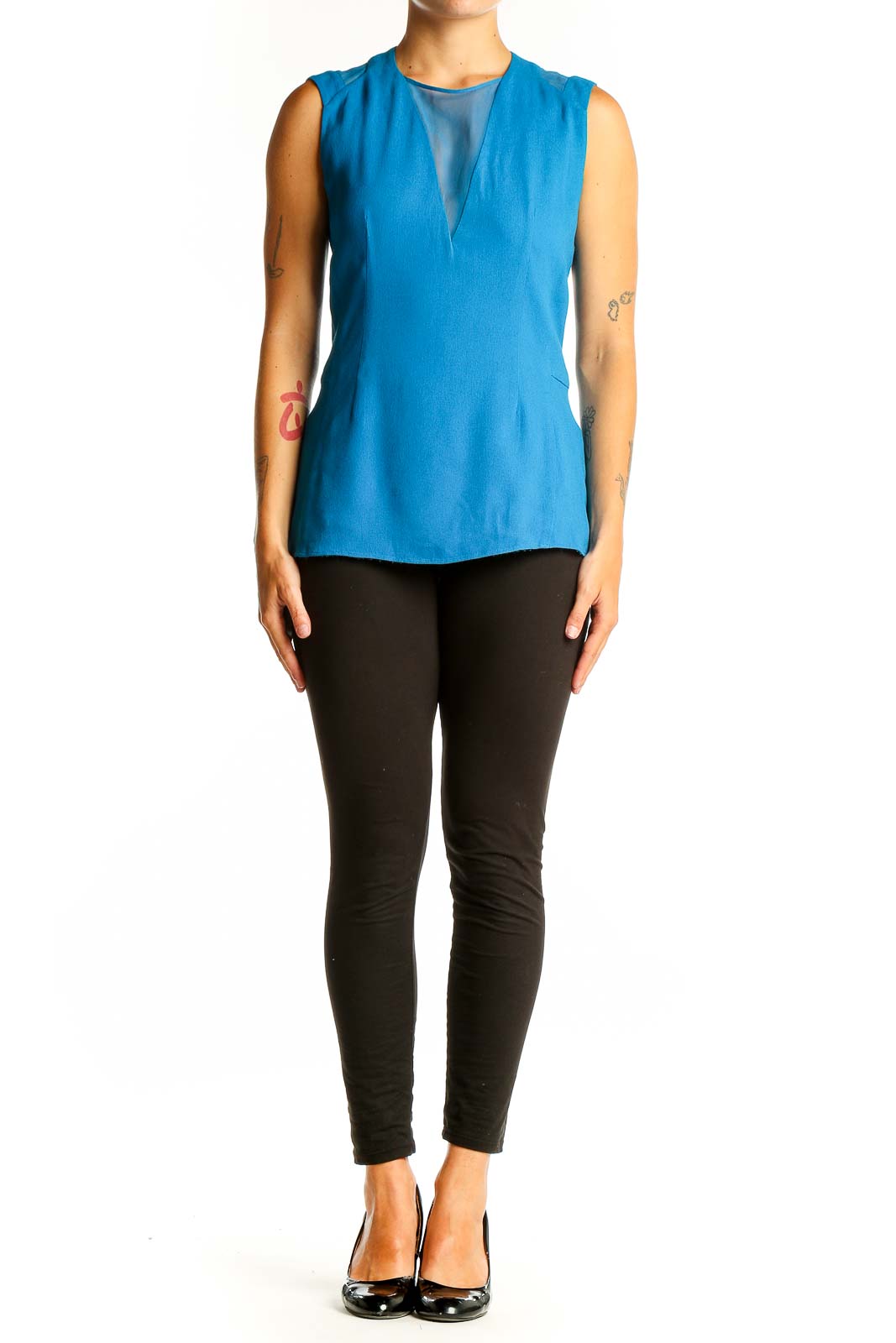 Front view of blue sleeveless Rebecca Taylor top with V-neck and sheer inset