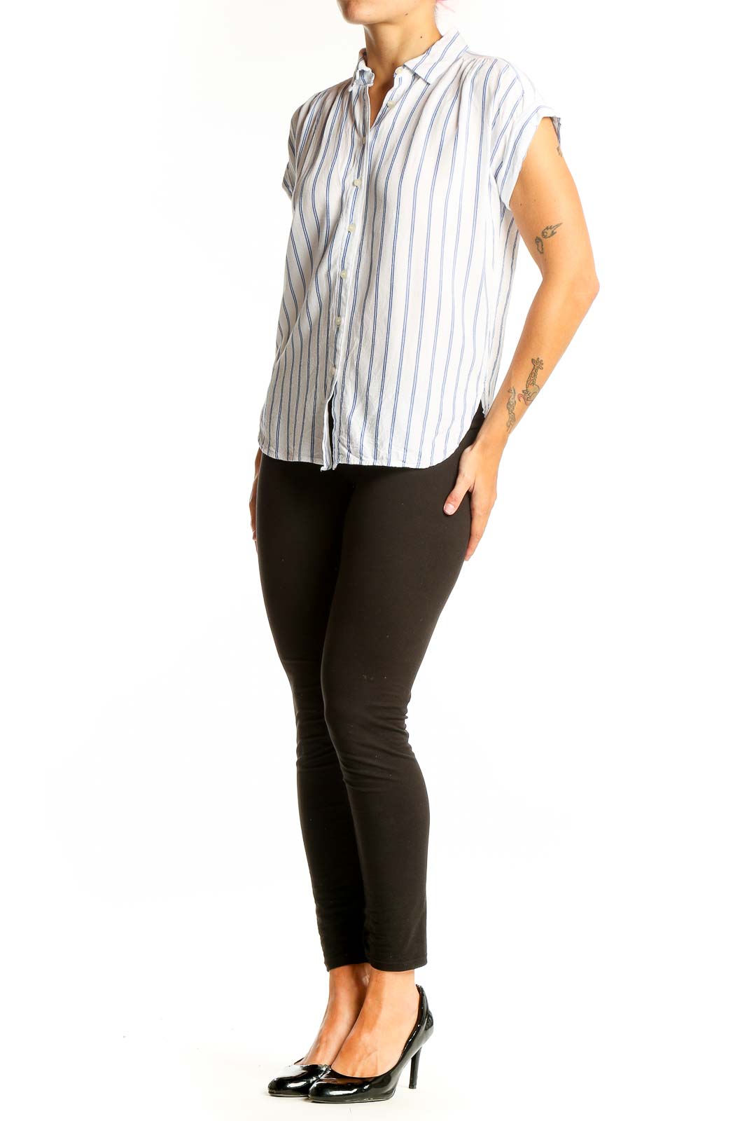 Front view of LOFT white and blue striped rayon blouse with button-down front