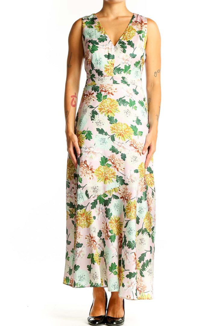 Front view of Sam Edelman floral sleeveless maxi dress with V-neckline