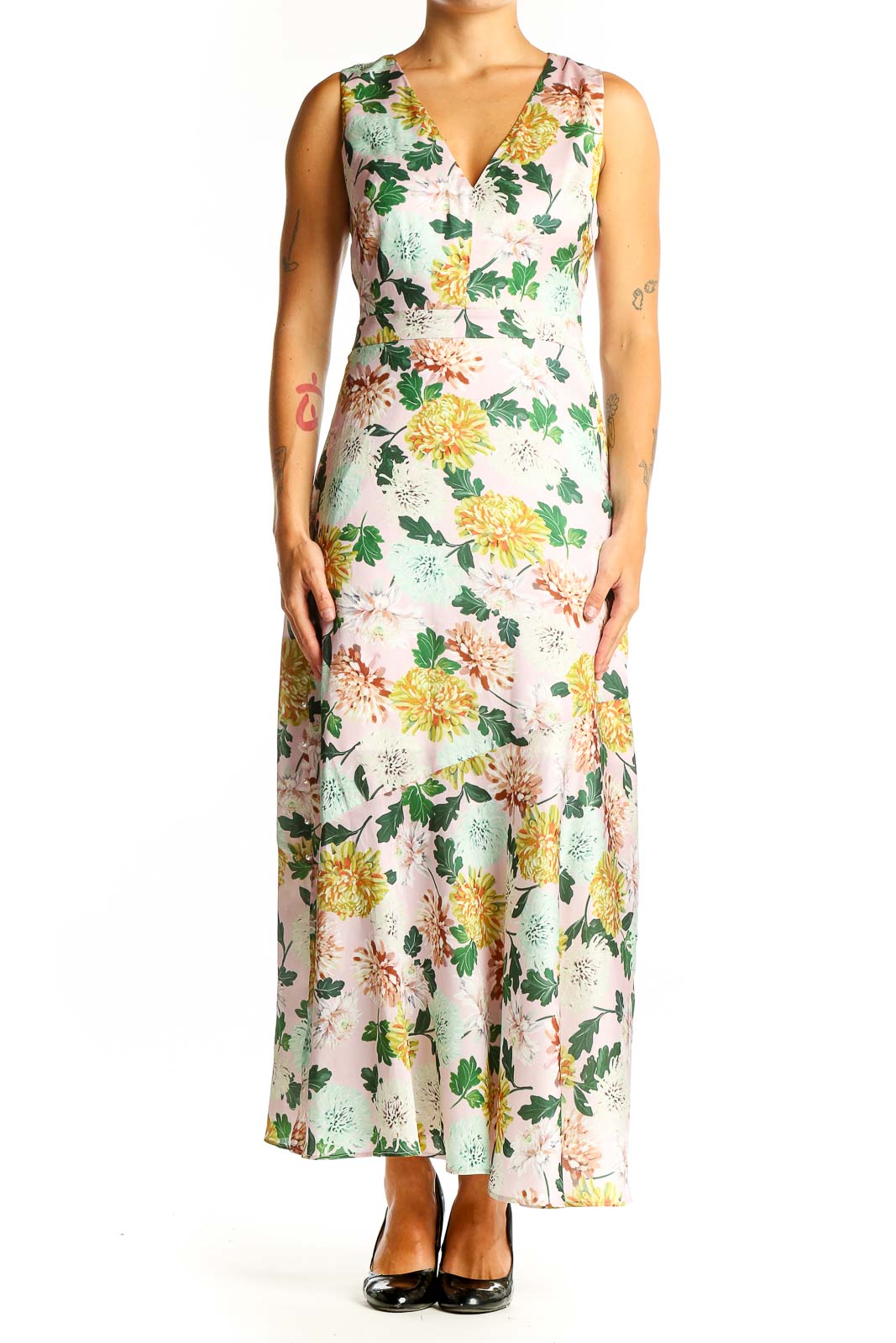 Front view of Sam Edelman floral sleeveless maxi dress with V-neckline