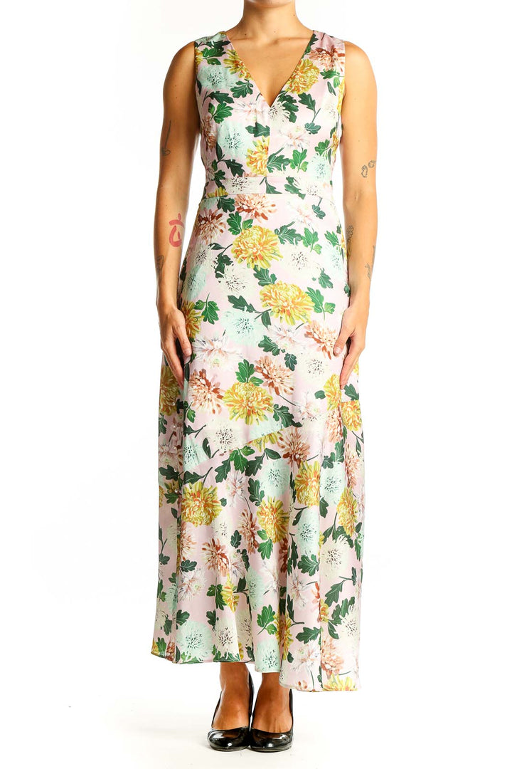 Front view of Sam Edelman floral sleeveless maxi dress with V-neckline