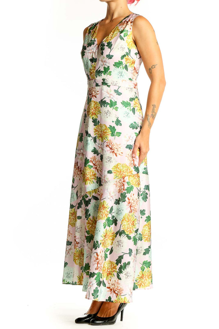 Front view of Sam Edelman floral sleeveless maxi dress with V-neckline