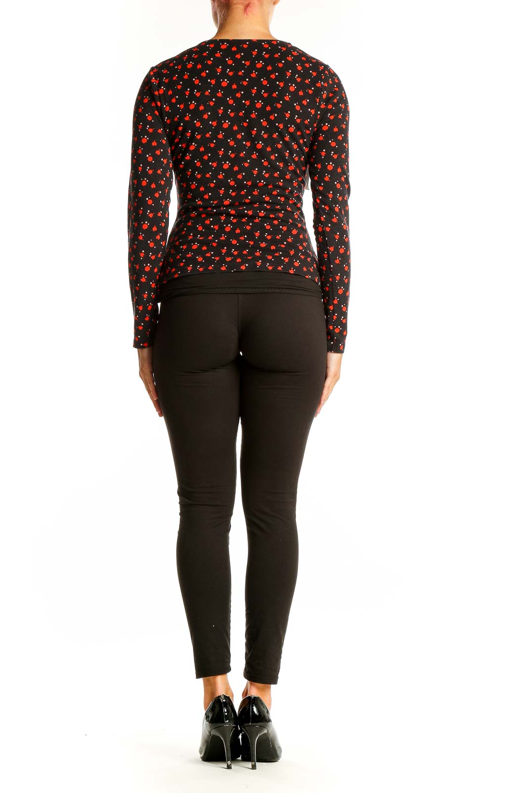 Back view of Boden black long-sleeved top with red cherry blossom print