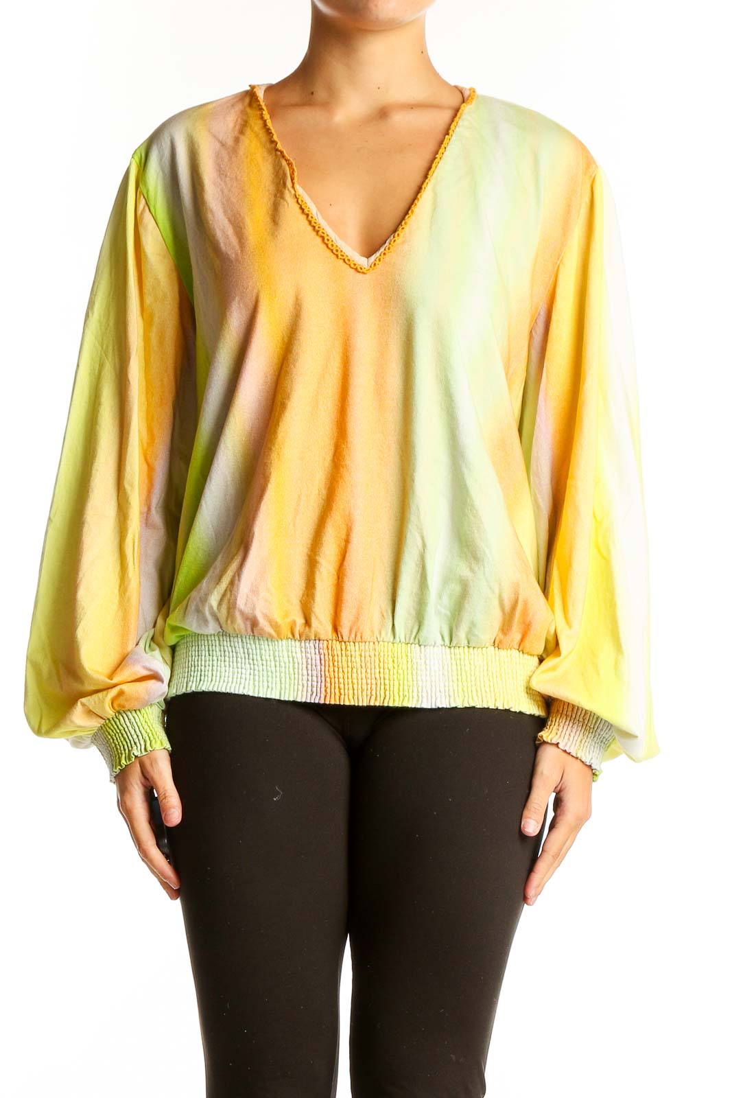 Front view of Yellow Ombre V-Neck Balloon Sleeve Top by Bl-nk London
