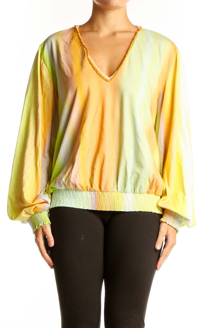 Front view of Yellow Ombre V-Neck Balloon Sleeve Top by Bl-nk London