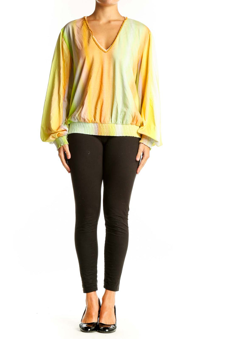 Front view of Yellow Ombre V-Neck Balloon Sleeve Top by Bl-nk London