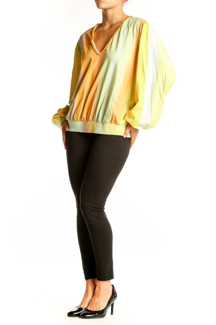 Front view of Yellow Ombre V-Neck Balloon Sleeve Top by Bl-nk London