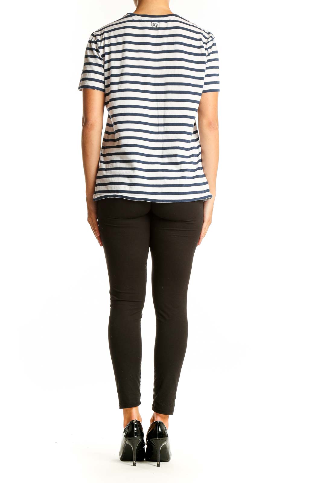 Side view of Etre cecile navy and white striped t-shirt showing red LA DADA lettering