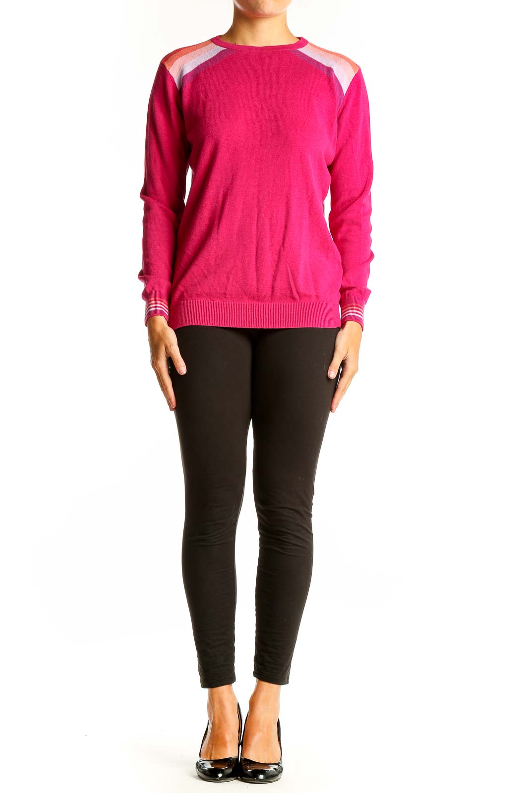 Front view of pink Sugarhill Brighton sweater with raglan sleeves