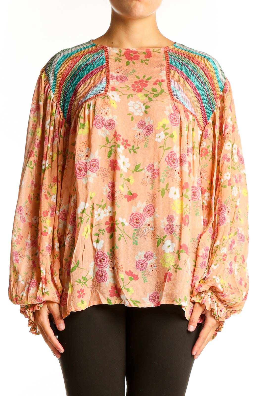 Front view of peach floral blouse with rainbow crochet shoulders