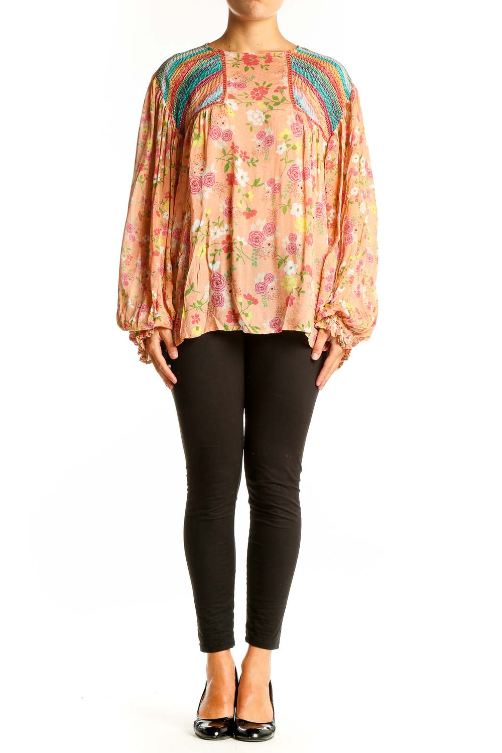 Front view of peach floral blouse with rainbow crochet shoulders