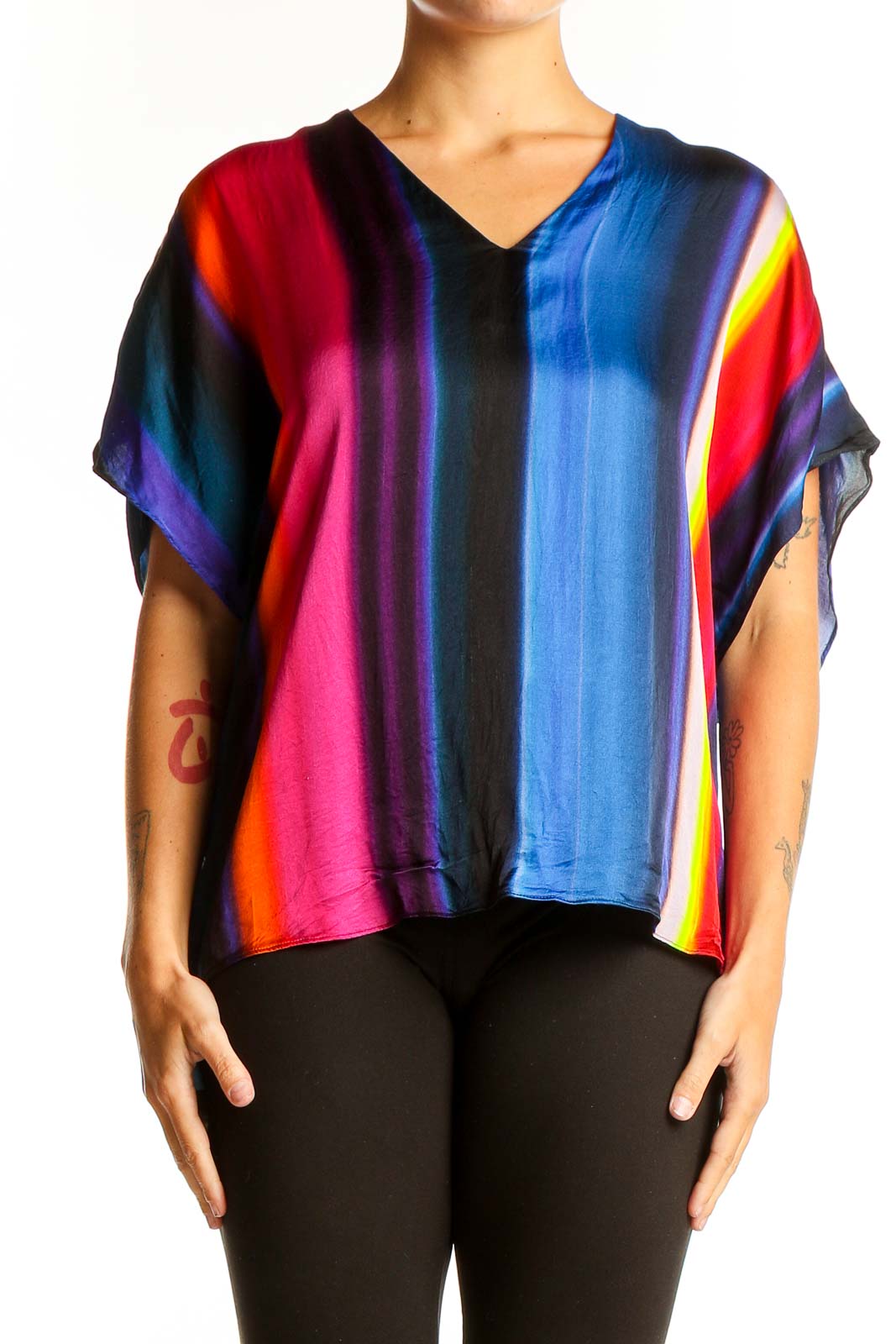 Front view of Paul Smith multicolor striped V-neck blouse with short sleeves